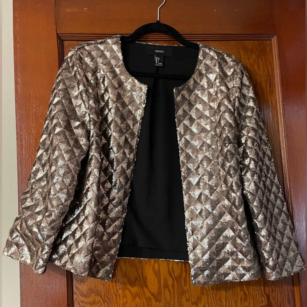 Champagne sequin jacket. Geometric sequin pattern that pops!